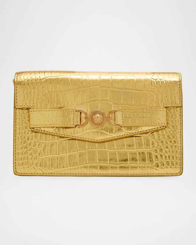 La Medusa Laminated Croc-Embossed Wallet on Chain